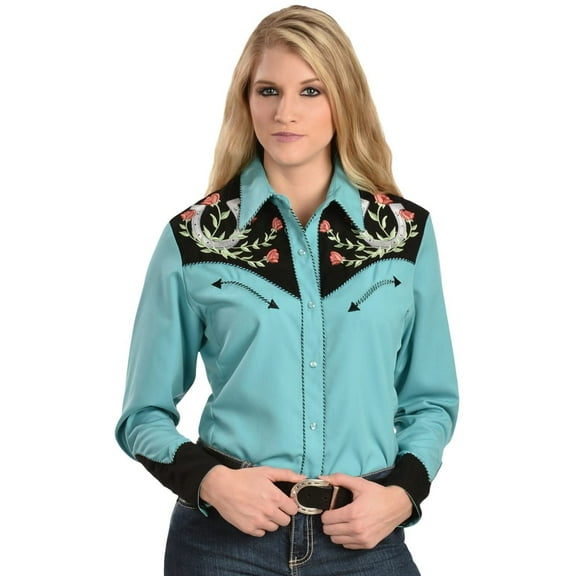 Scully Western Womens Turquoise Polyester L/S Horseshoe Western Shirt M