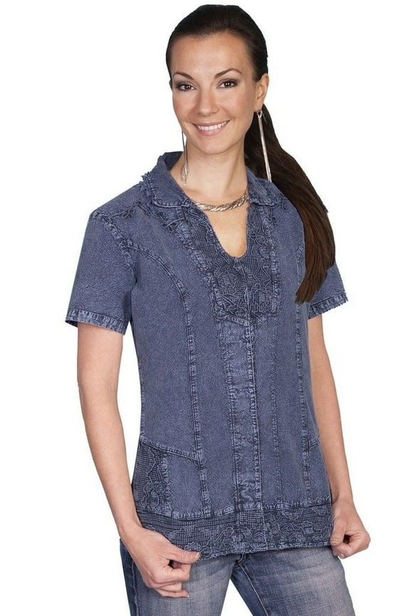 Scully PSL-121-DBL-S Western Shirt Womens Short Sleeve Embroidered Button, Dark Blue - Small