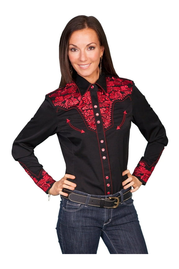 Scully Western Womens Crimson Polyester L/S Floral Stitch Western Shirt M