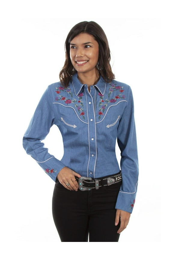 Scully Women's Chambray Floral Embroidered Yoke Pearl Snap Western Shirt - PL-879 XX-  US