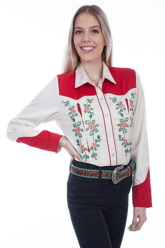Scully PL-898-IVO-M Womens Floral Embroidered Long Sleeve Western Pearl Snap Shirt, Ivory - Medium