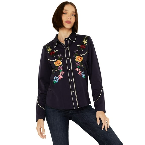 Scully PL-899-NAV-M Bright Floral Embroidery Womens Western Shirt, Navy - Medium