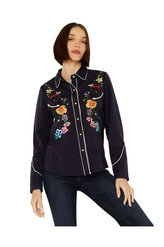 Scully PL-899-NAV-S Bright Floral Embroidery Womens Western Shirt, Navy - Small