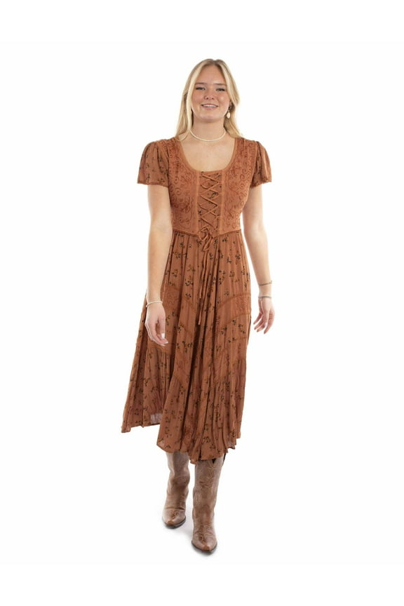 Scully Women's Floral Print Lace-Up Jacquard Midi Dress Copper Large  US