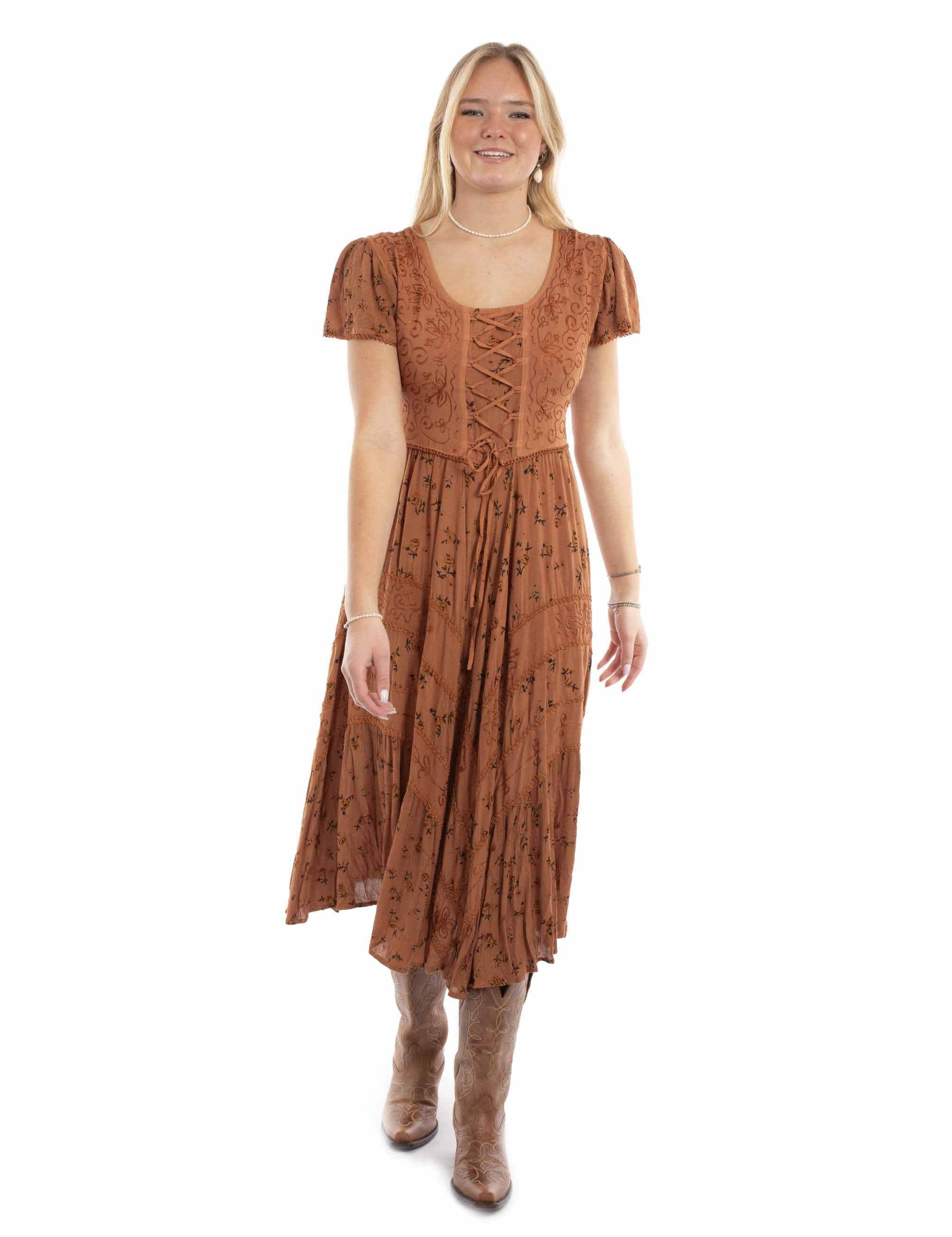Scully Women's Floral Print Lace-Up Jacquard Midi Dress Copper Small US -  Walmart Business Supplies