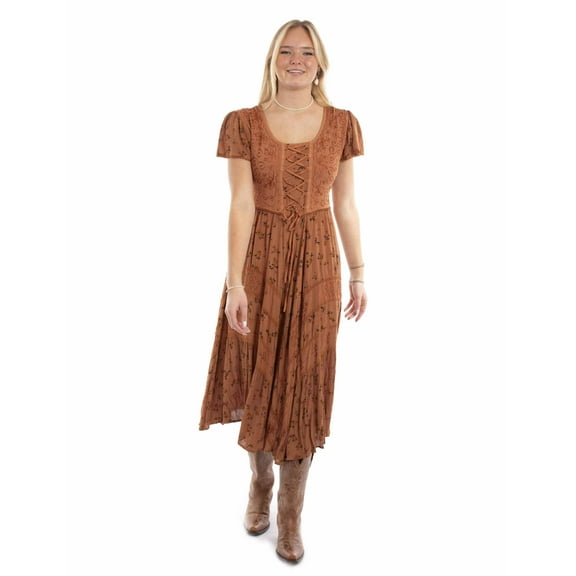 Scully Women's Floral Print Lace-Up Jacquard Midi Dress Copper Small  US