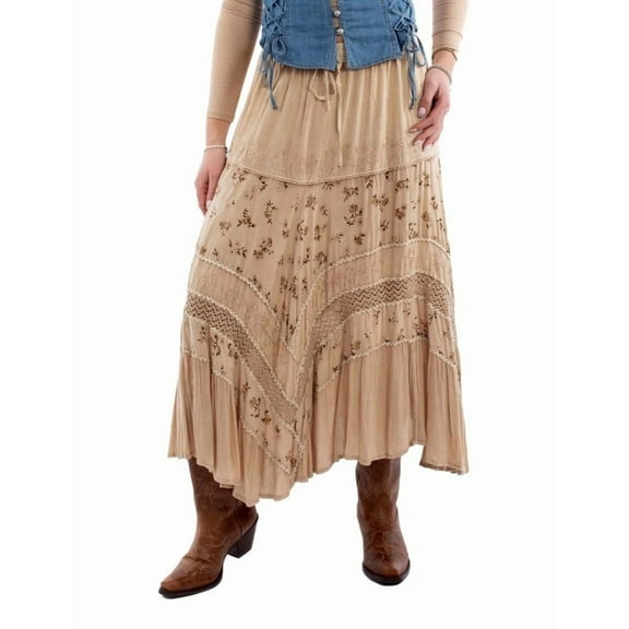Scully Women's Western Rose Print Rayon Long Skirt, Sand, XX-Large