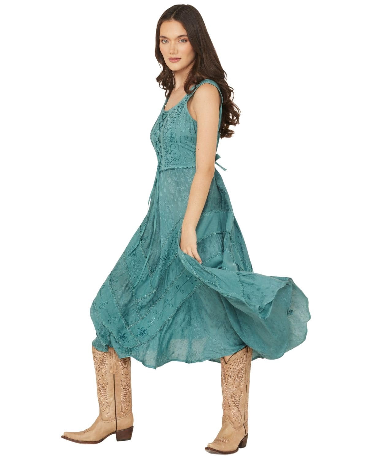 teal lace midi dress Teal Lace-Yoke Pleated Midi Dress
