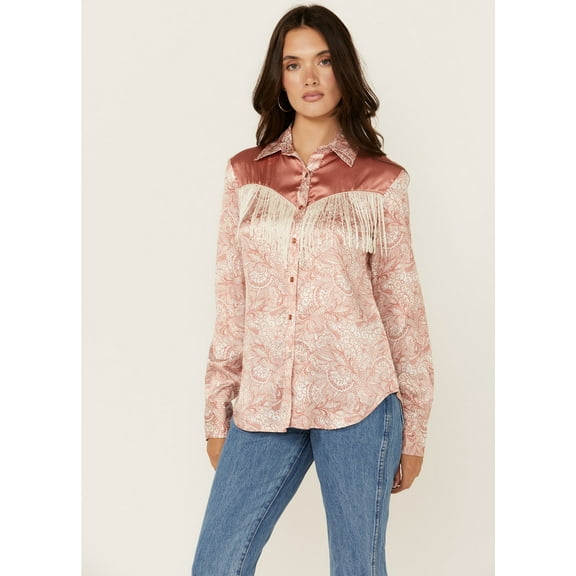 Scully HC928-PCH-XL Womens Paisley Print Fringe Long Sleeve Snap Western Shirt, Peach - Extra Large