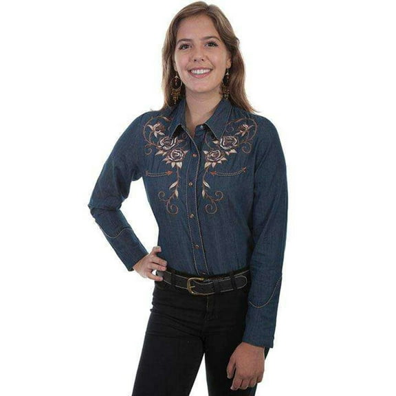 Scully PL-872-DEN-L Womens Rose Embroidered Long Sleeve Pearl Snap Western Shirt, Denim - Large