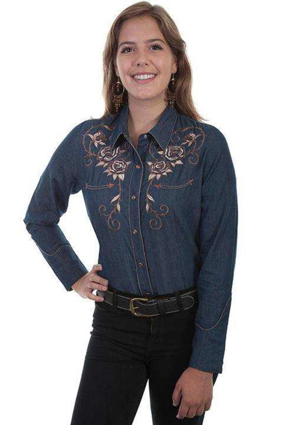 Scully PL-872-DEN-S Womens Rose Embroidered Long Sleeve Pearl Snap Western Shirt, Denim - Small