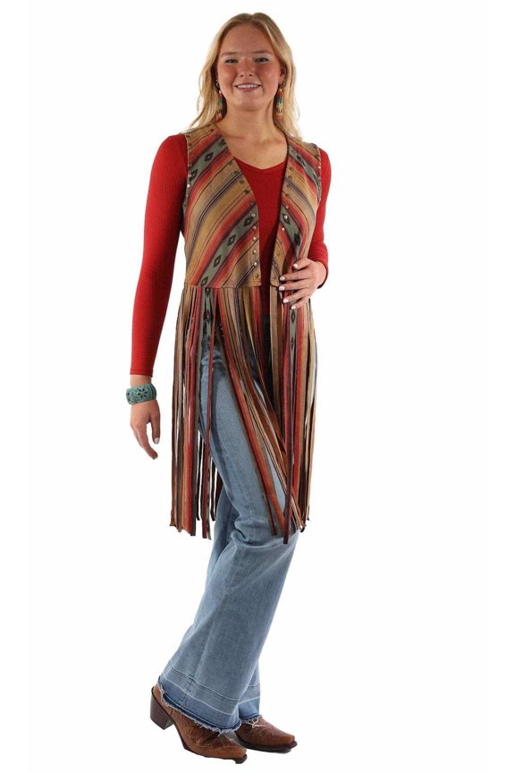 Scully Women's Serape Striped Print Fringe Vest Tan US