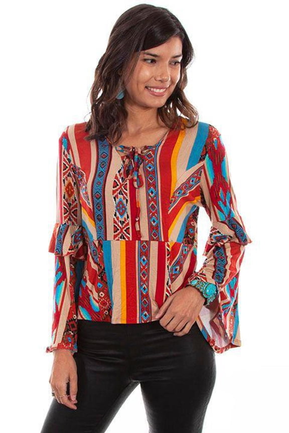 Scully HC517-SER-XXL Womens Rayon Ruffle Long Sleeve Blouse, Serape - 2XL