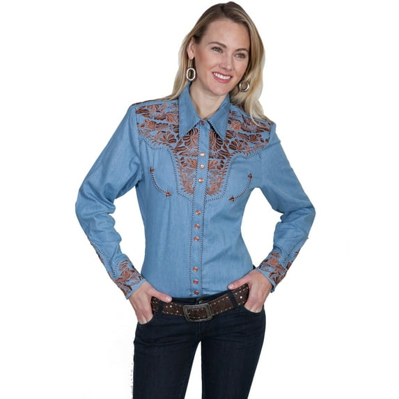 Scully Western Womens Blue Polyester L/S Floral Stitch Western Shirt L
