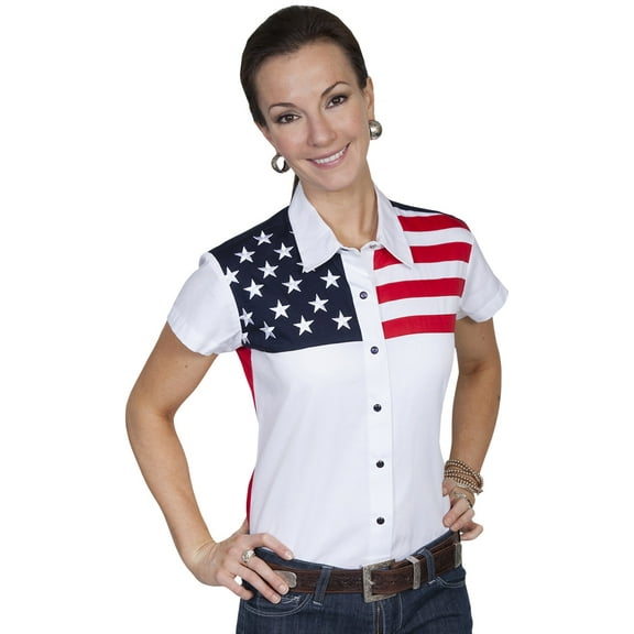Scully Western Womens White 100% Cotton S/S USA Flag Western Shirt M