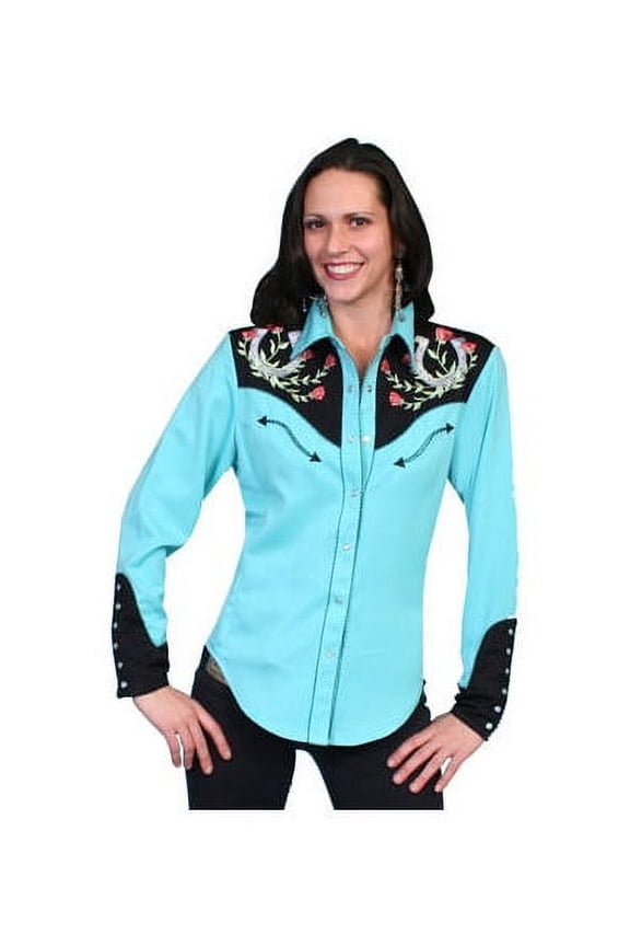 Scully Women's Horseshoe Embroidered Retro Western Shirt, Turquoise, XX-Large