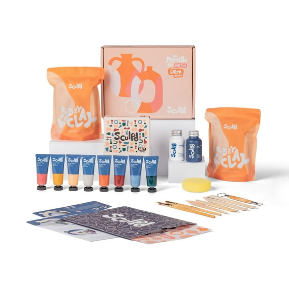 Sculpd Pottery Starter Kit - Complete Air Dry Clay Beginner Set for 2 Adults: Includes Earth Tones Paint Set, Sculpting Tools, Gloss Varnish, Paint Brushes, Guide, Video Tutorials & More