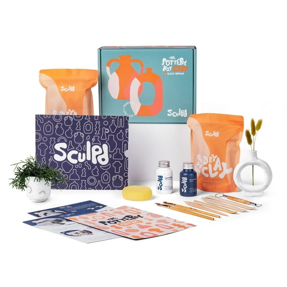 Sculpd Pottery Starter Kit - Complete Air Dry Clay Beginner Set for 2 Adults: Includes Sculpting Tools, Matte Varnish, Paint Brushes, Guide, Video Tutorials & More