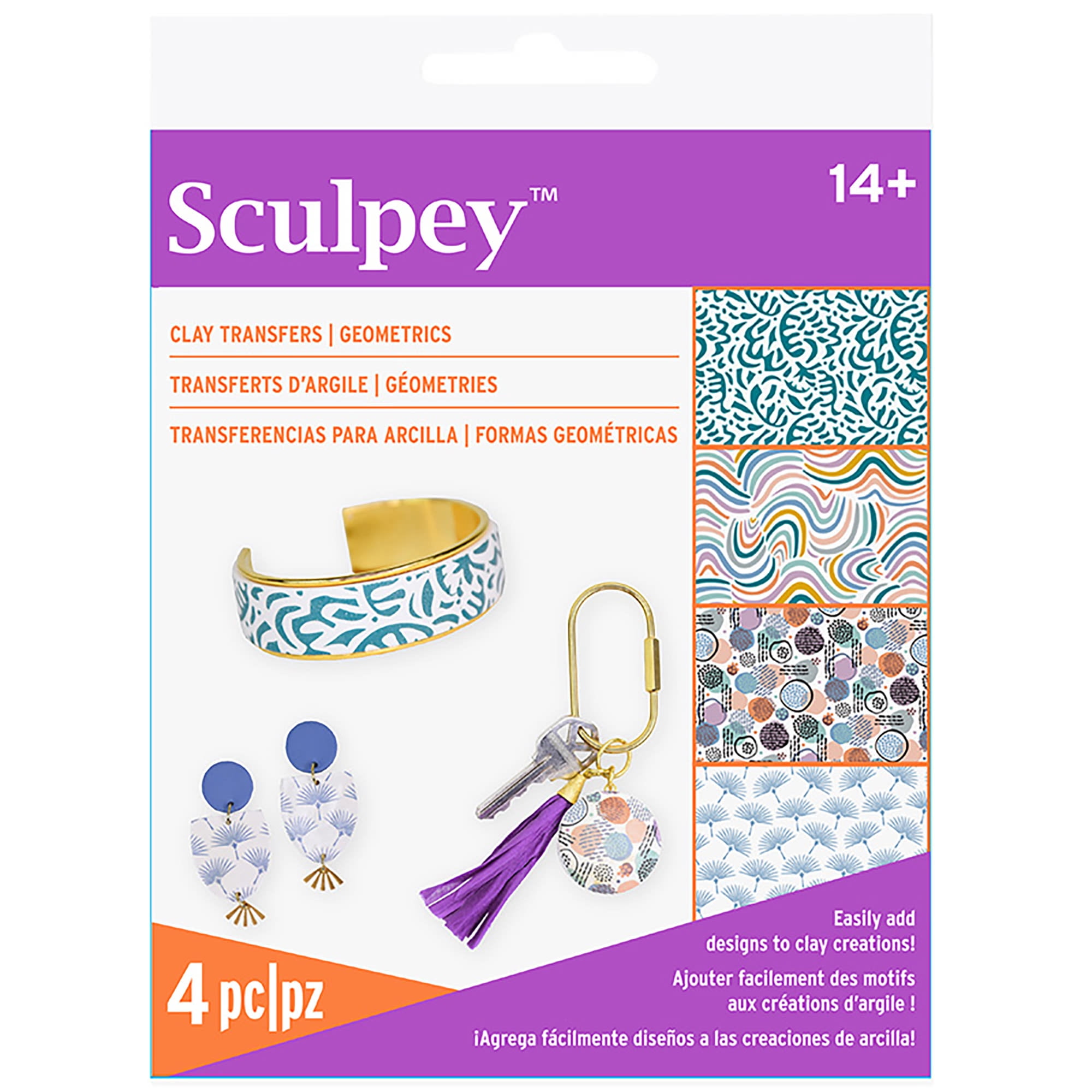 Sculpey: Clay Transfers - Geometric - 4 Pattern Sheets: Scribbles, Swirls, Dots & Deco Fans, Clay Decorations, Easy Application, DIY Craft Supplies