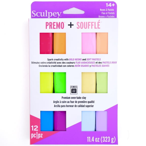 Sculpey: Multipack - Premo Neons + Souffle Pastels - 24 Unique Color Bars, Sampler Pack, Non-Toxic, Sculpt-Model Projects, Adult Arts-Crafts Supplies