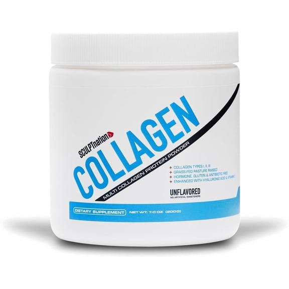 Sculpt Nation Collagen Peptides Powder Types I II III with Hyaluronic Acid, Hair Skin Nails and Joint Support, Unflavored, 30 Day Supply, 7.0 oz