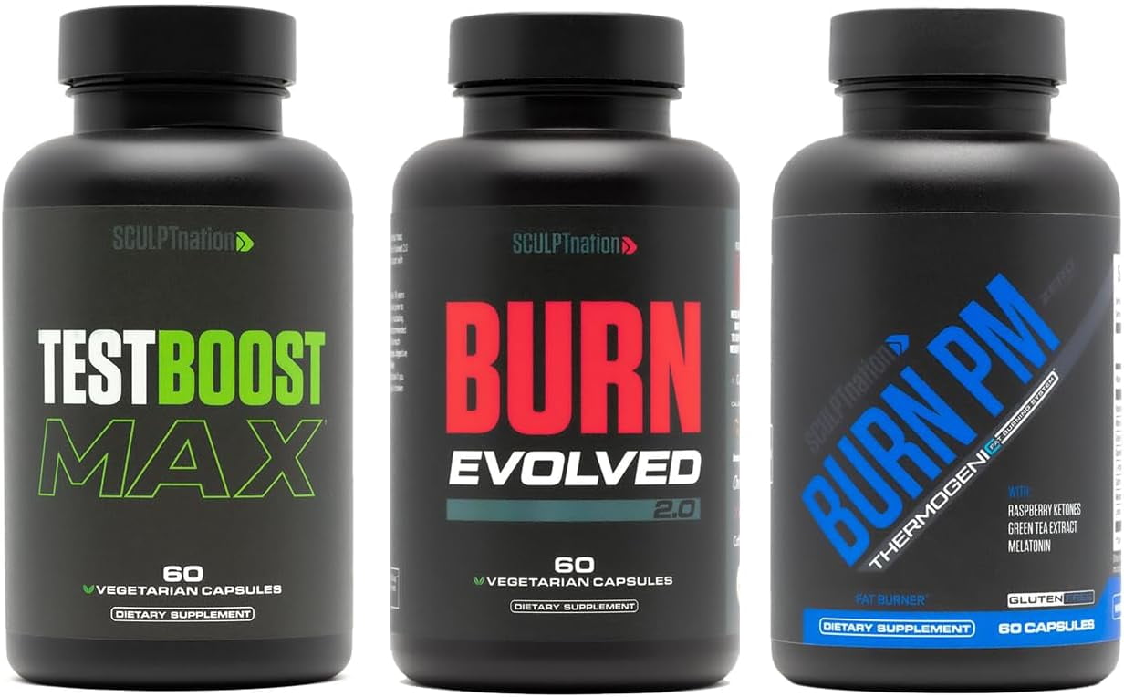 Sculpt Nation by V Shred T-Boost Max Burn Day and Burn PM with Ashwagandha Cayenne Green Coffee and Melatonin 3 Pack 60 Capsules Each