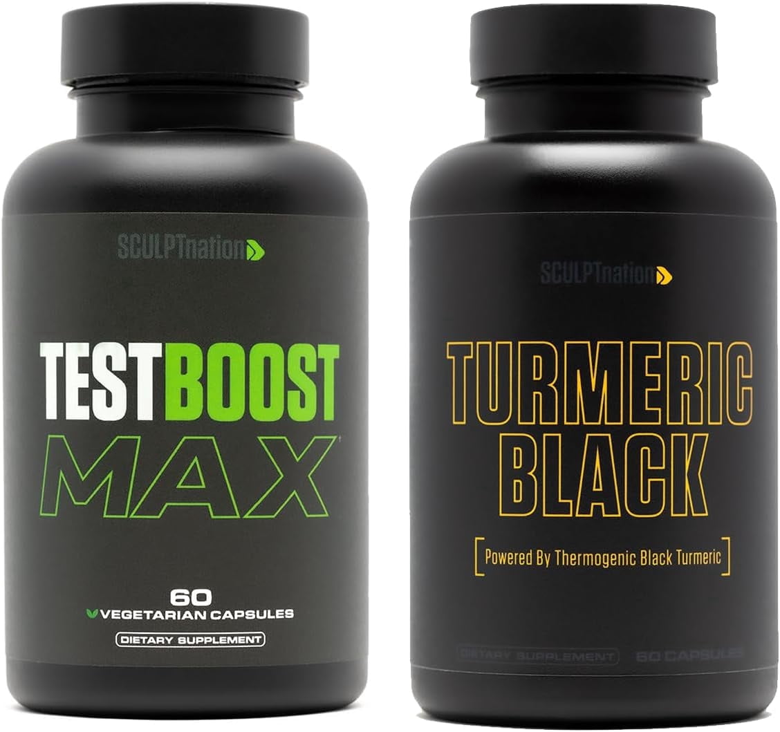 Sculpt Nation T-Boost Max and Turmeric Curcumin with Ashwagandha Tribulus Black Pepper and Ginger 2 Pack 60 Capsules Each