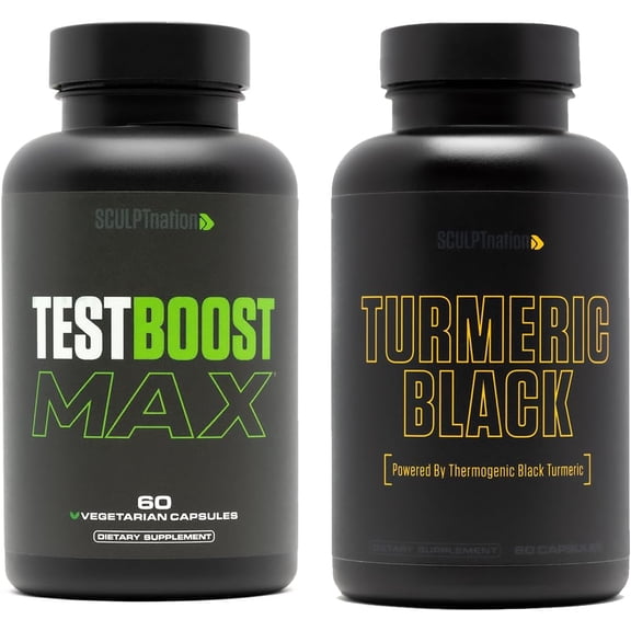 Sculpt Nation by V Shred T-Boost Max and Turmeric Curcumin with Ashwagandha Tribulus Black Pepper and Ginger 2 Pack 60 Capsules Each