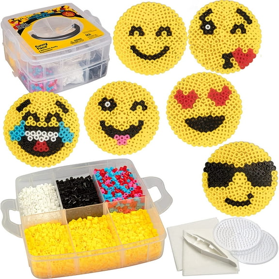 Sculpt Pro Emoji Smiley Face Fuse kit- 6 Different Emojis - 3600pcs Beads (6 Colors), Tweezers, Peg Boards, Ironing Paper, Case -Works w/ Perler Beads
