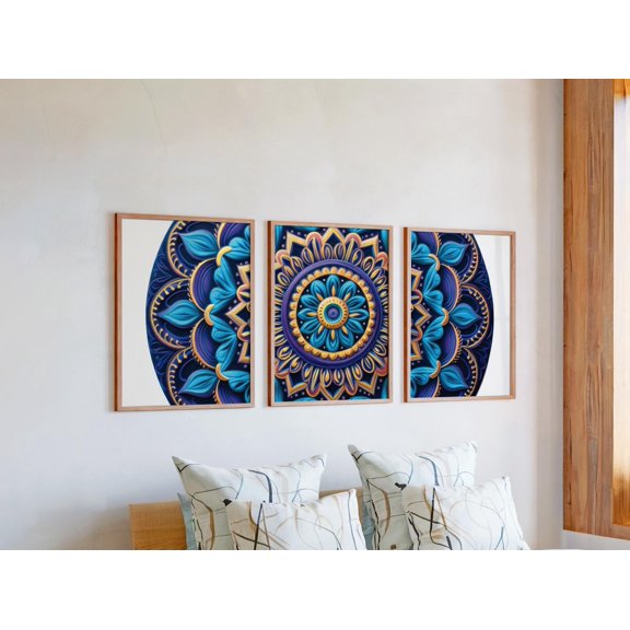 Sculpted 3D Jewel-Like Mandala Triptych Textured Floral Polished Geometric Gallery Set Zen Inspired Wall Art Poster, , Poster Only, Set 3, , Poster Only