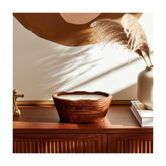 Sculpted Acacia Wood and Wax Multi-Wick Candle with Carved Oval Vessel and Artisan-Inspired Design for Decorative Ambiance and Natural Texture in Contemporary Indoor Decor Settings
