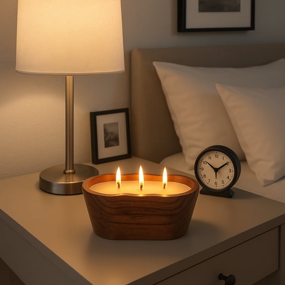 Oval Wood Bowl with Vanilla Scented Candle for Men or Women - Decorative Small Accent for Indoor and Outdoor Areas - Small Pillar or Votive Candle for Living Room, Bedroom, or Bathroom - 4", Brown