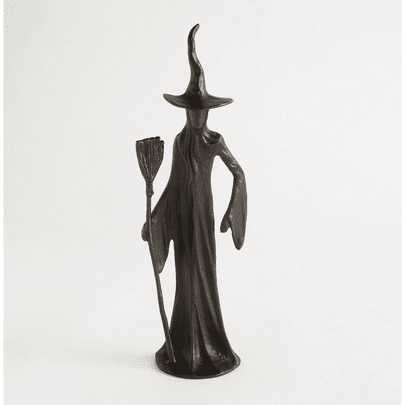 Sculpted Bronze Witch Tabletop Ornament, Mysterious Faceless Witch Decor, Eye-Catching Fireplace Mantel Halloween Display Piece