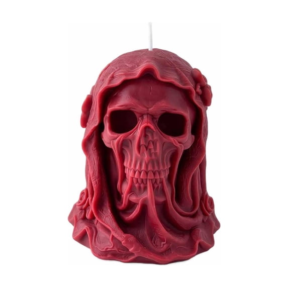 Sculpted Candle Red Hooded Skull for Gothic Halloween Home Decor