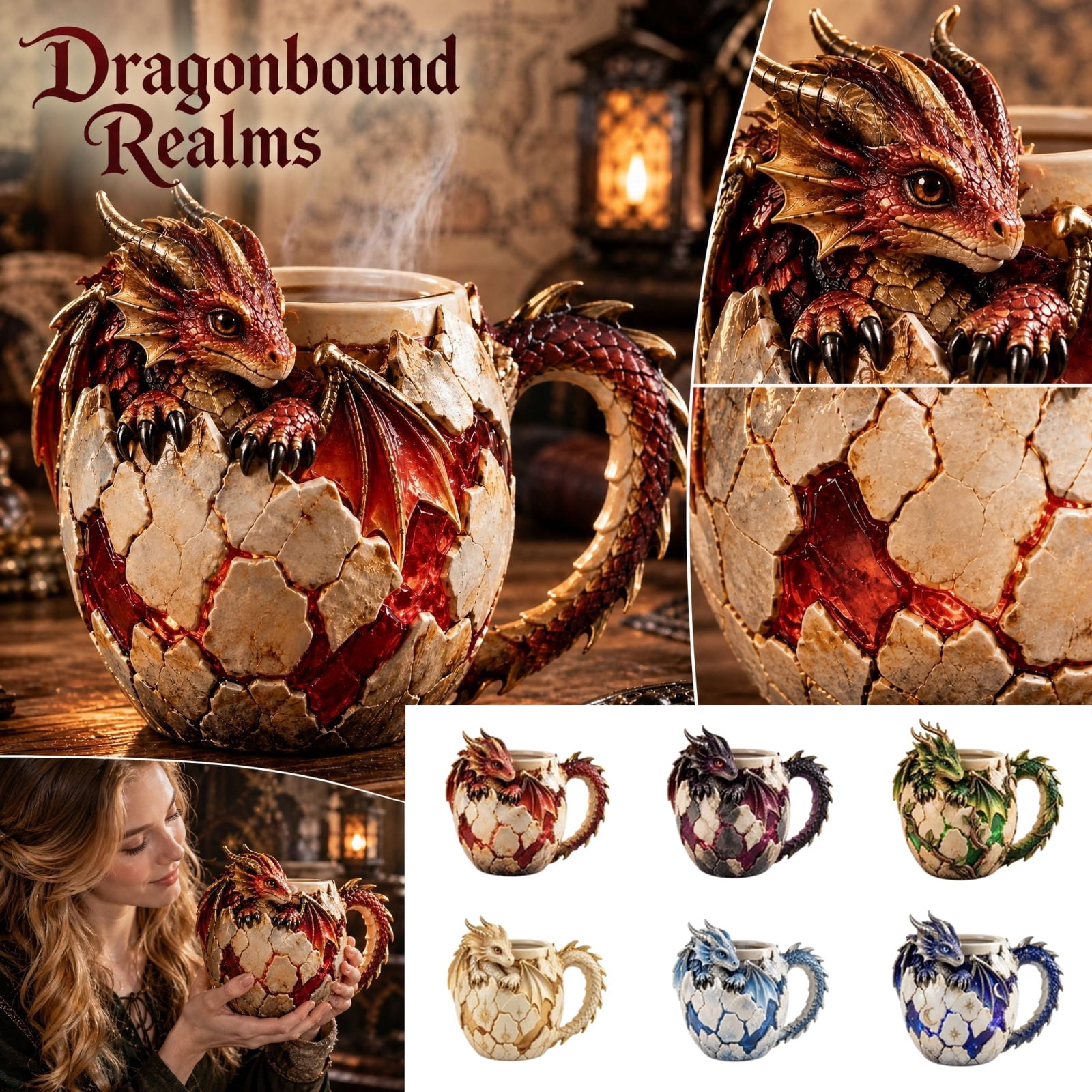 Sculpted Dragon Mug Collection, 6 Fantasy Realm Dragon Cups with Raised ...