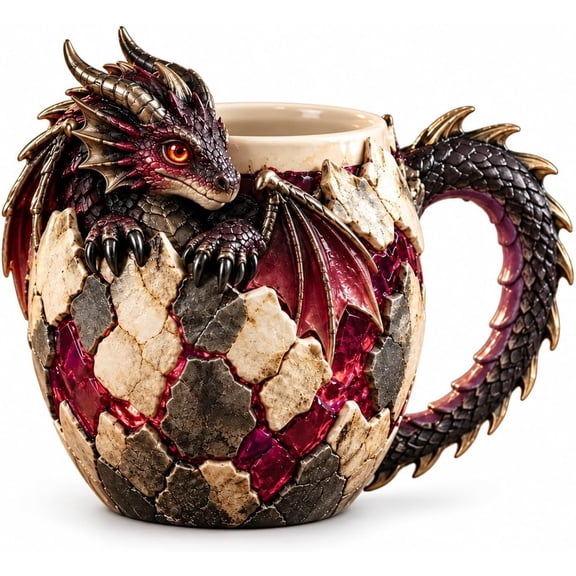 Sculpted Dragon Mug Collection, Dragon Egg Coffee Mug, Fantasy Hatchling 3D Ceramic Drinkware, Curled Tail Grip Handle For Office Coffee Break
