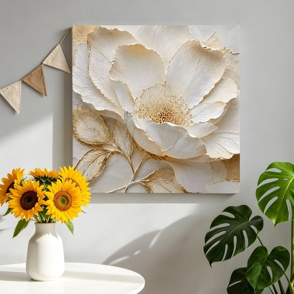 Sculpted Petals Canvas Wall Art, Vintage White Beige Textured Leaves Floral Stems Framed Picture Canvas Wall Art Print Decor Artwork Decorations for Living Room Bedroom Ready to Hang 8" x 8"