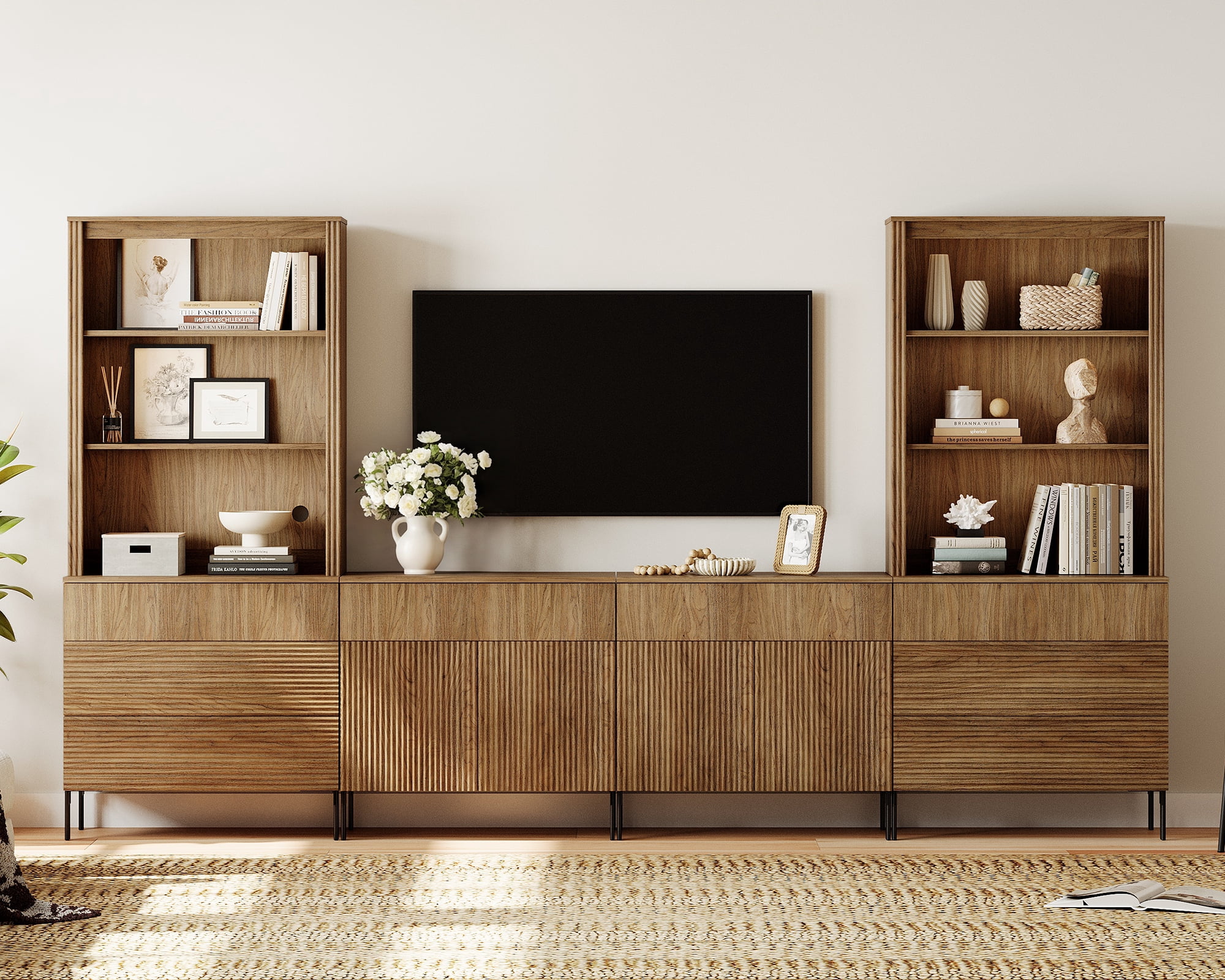 Modern Fluted TV Stand with Bookshelves for Tvs up to 75", Large Entertainment Center with Storage Cabinet, 10-Tier TV Console with Drawers For Living Room, Bedroom