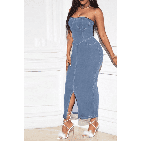 Sculpted Strapless Denim Dress (M, Blue)
