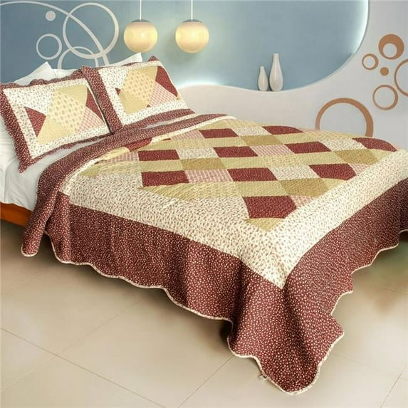 Sculpting In Time - 100 Percent Cotton 3 Pieces Vermicelli-Quilted Patchwork Quilt Set Full & Queen Size - Brown