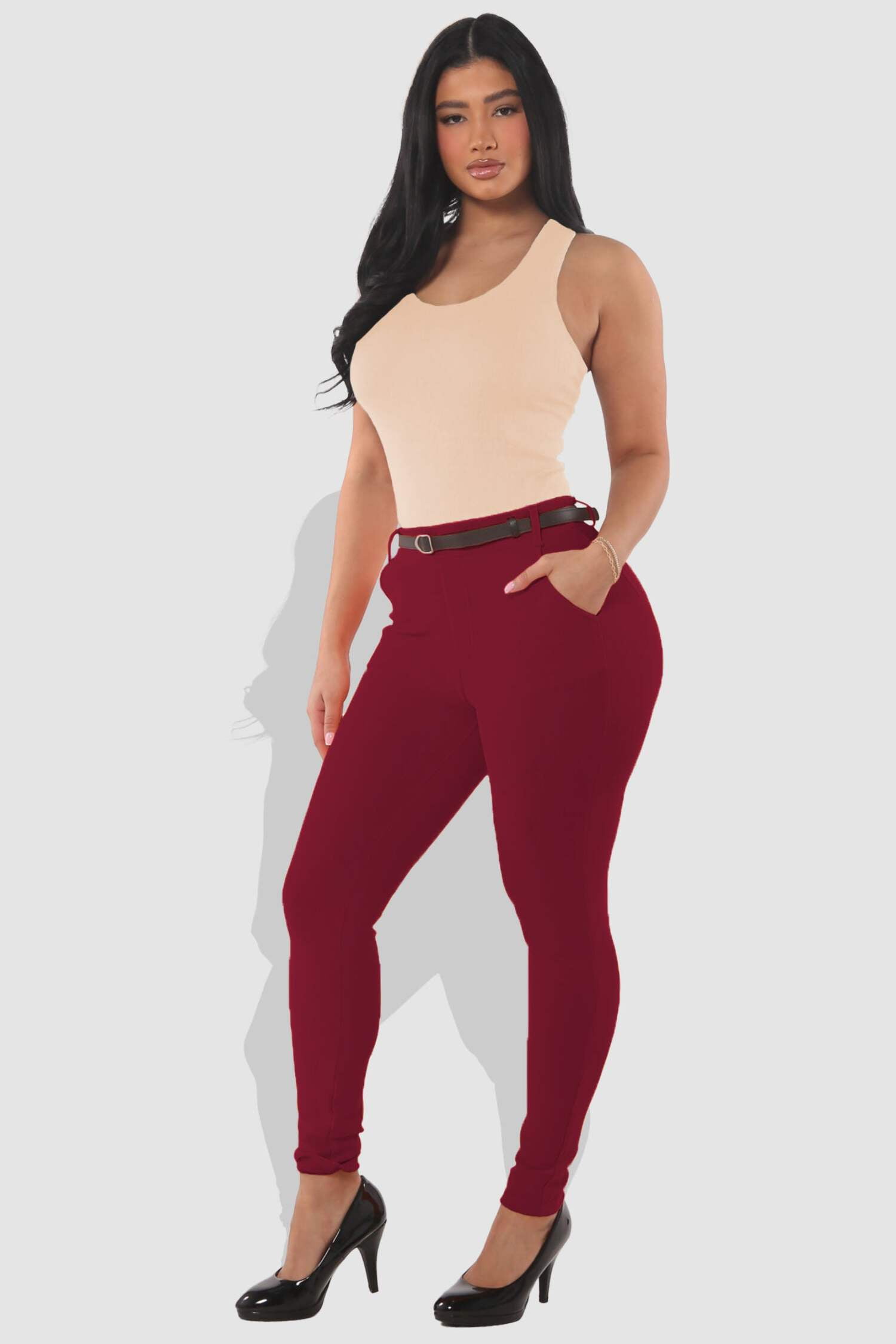 Sculpting Treggings With Faux Leather Belt - Zinfandel