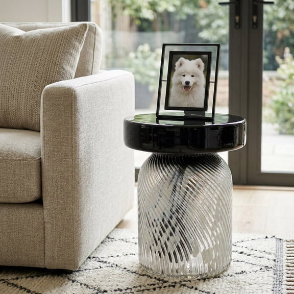 Sculptural Glass End Side Table Accent for Room, Living Room, and Bedroom Display - Aesthetic Drink Table for Home Use - Decorative Night Stand or Bedside for Small Spaces - 20", Black & White