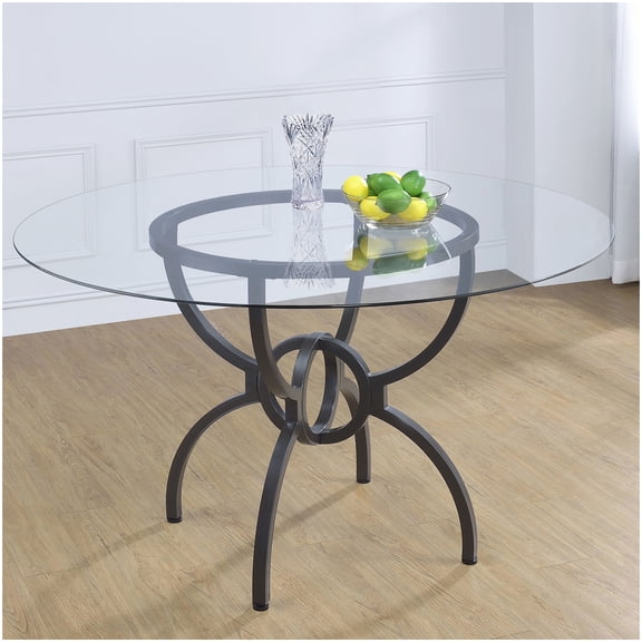 Sculptural Gunmetal and Glass Dining Table, 48" Round Kitchen Table, Tempered Glass Top, Modern Farmhouse & Rustic Decor
