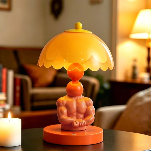 Sculptural Muscular Figure Table Lamp 12 In, LED Bedside Lamp with Scalloped Lampshade, Novelty Resin Decorative Lamp for Bedroom Desk Home Decor