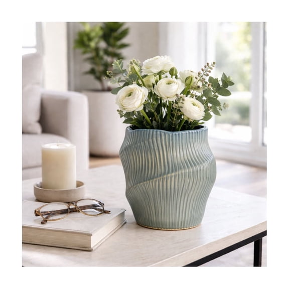 Sculptural Wavy Ceramic Vase for Living Room and Home Decor - Modern Ribbed Flower Vase  for Bedroom and Rooom Styling  - Decorative Table Accent for House and Office Display - 11", Blue