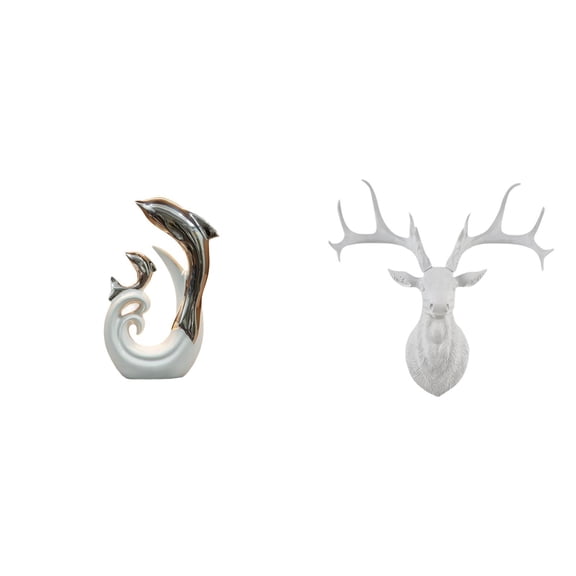 Sculpture Dolphin Statue Deer Head Abstract Ceramic Silver White Design for Home Office Wall Mount