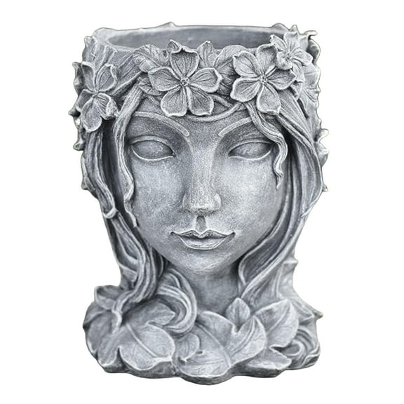 Sculpture Head Flowerpot Plant Pots Planter Container for Home And Garden Office Desktop Decoration , Gray, 15.8x14.5x20cm