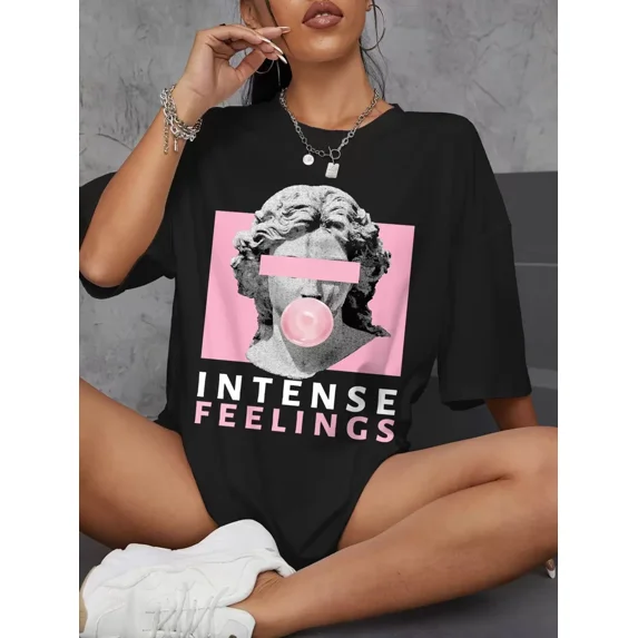 Sculpture & Letter Graphic Drop Shoulder Tee Graphic Tees Women Tops