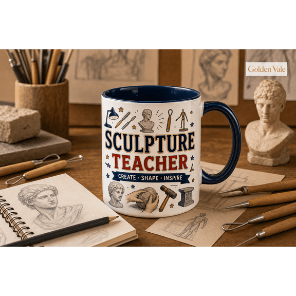 Sculpture Teacher Mug, Art Instructor Gift with Clay Tools and Classroom Design