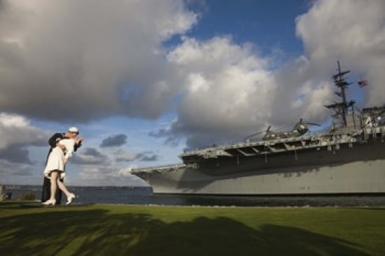 Sculpture Unconditional Surrender with USS Midway aircraft carrier San Diego California USA Canvas Art - Panoramic Images (24 x 16)